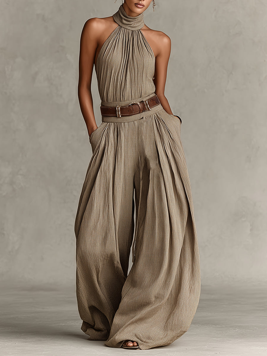 Caterina | Tuta wide leg tortora con scollo all'americana in stile boho