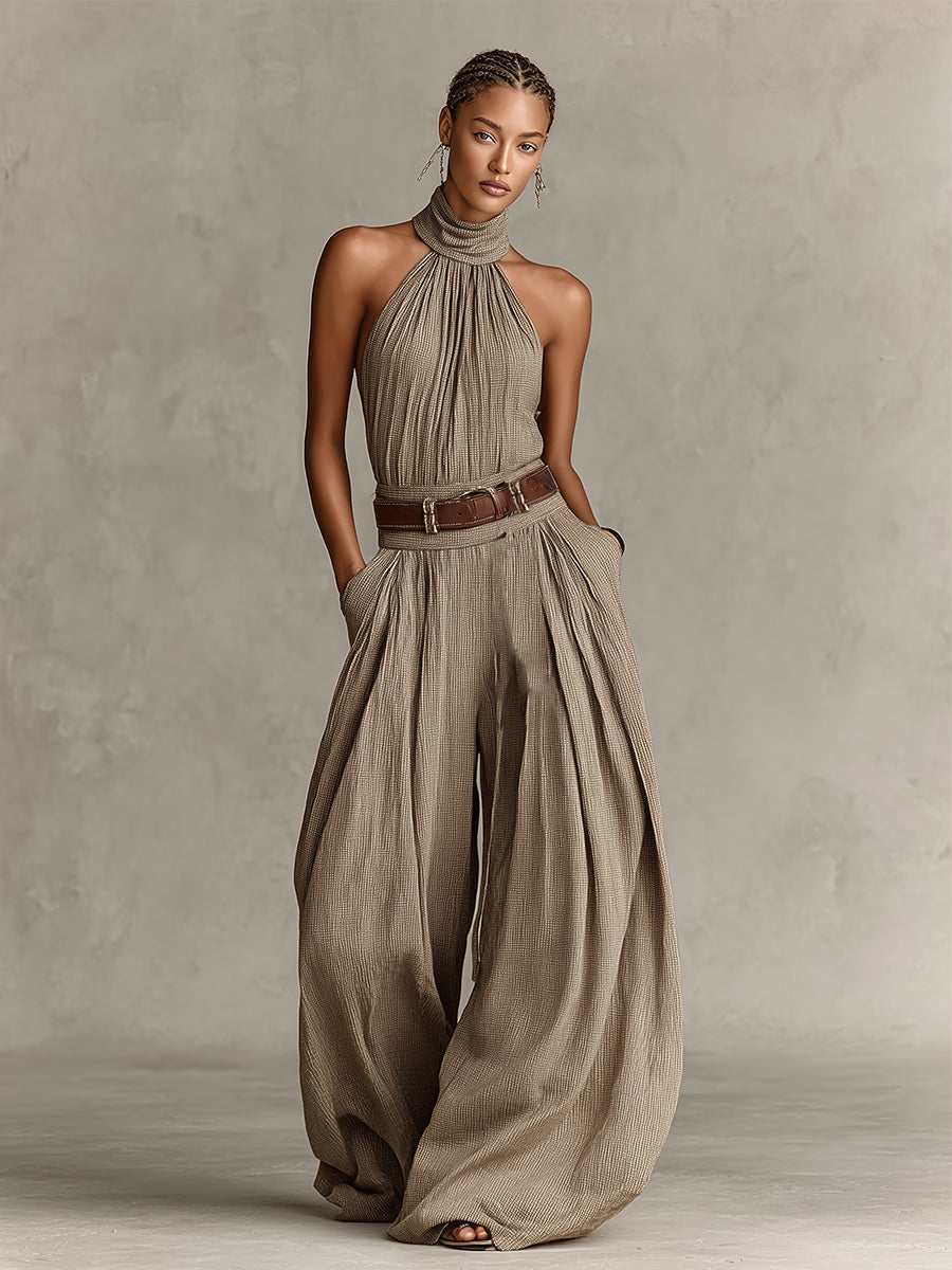 Caterina | Tuta wide leg tortora con scollo all'americana in stile boho