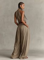 Caterina | Tuta wide leg tortora con scollo all'americana in stile boho