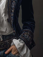 Athénaïs | Giacca Vintage Lunga Ricamata Blu Marino