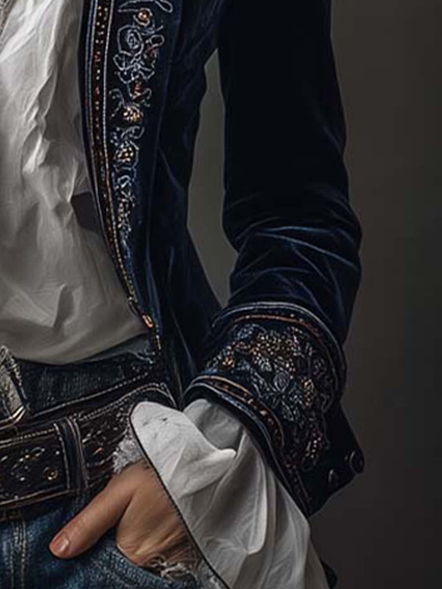 Athénaïs | Giacca Vintage Lunga Ricamata Blu Marino