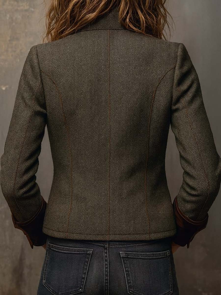 Honorine | Blazer Vintage con Bordature a Chevron a Contrasto