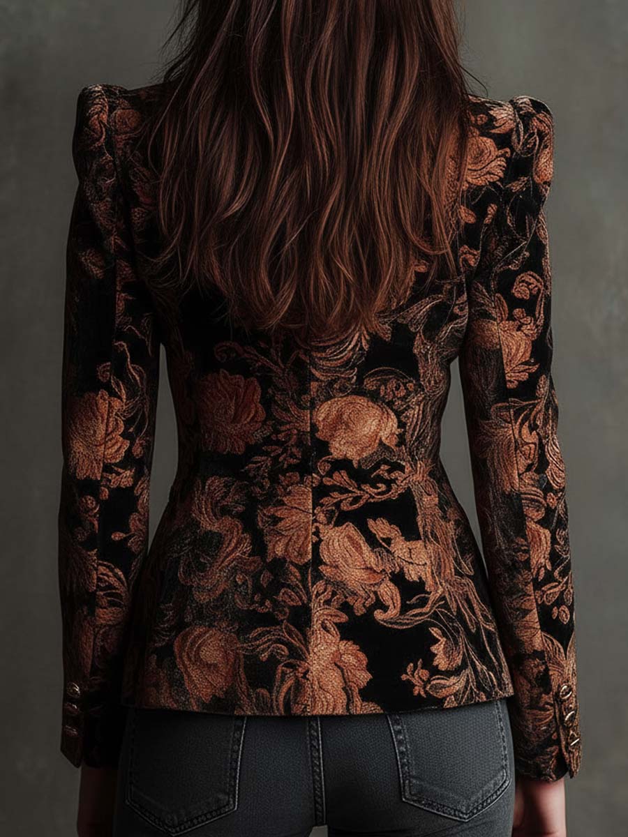 Bertille | Blazer Tailleur con Stampa Floreale in Nero e Bronzo