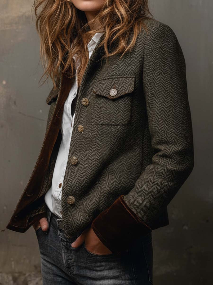 Honorine | Blazer Vintage a Chevron con Bordo a Contrasto