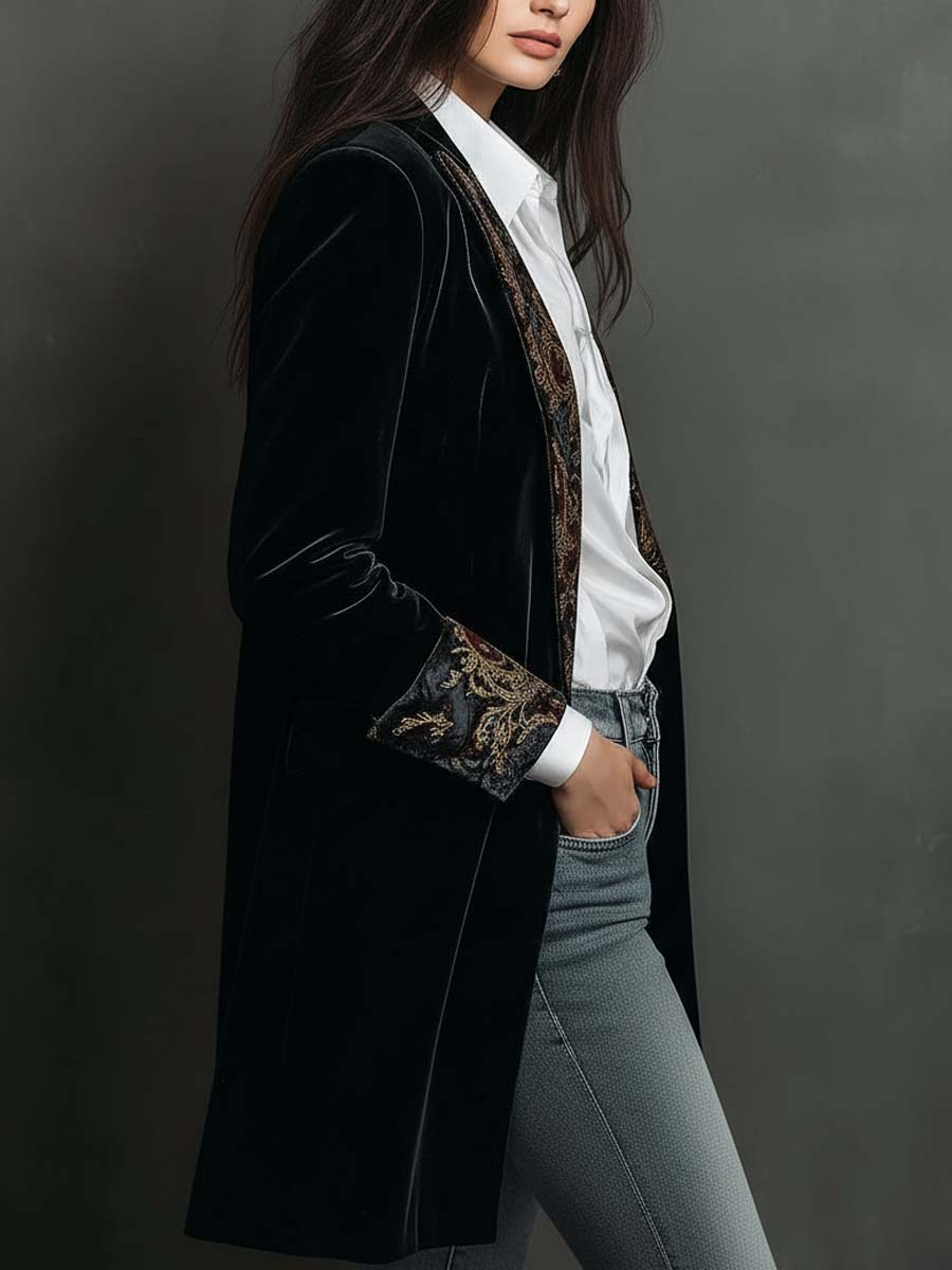Léontine | Blazer Nero Barocco Slim Fit Stampato