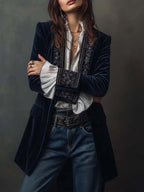 Athénaïs | Giacca Vintage Lunga Ricamata Blu Marino