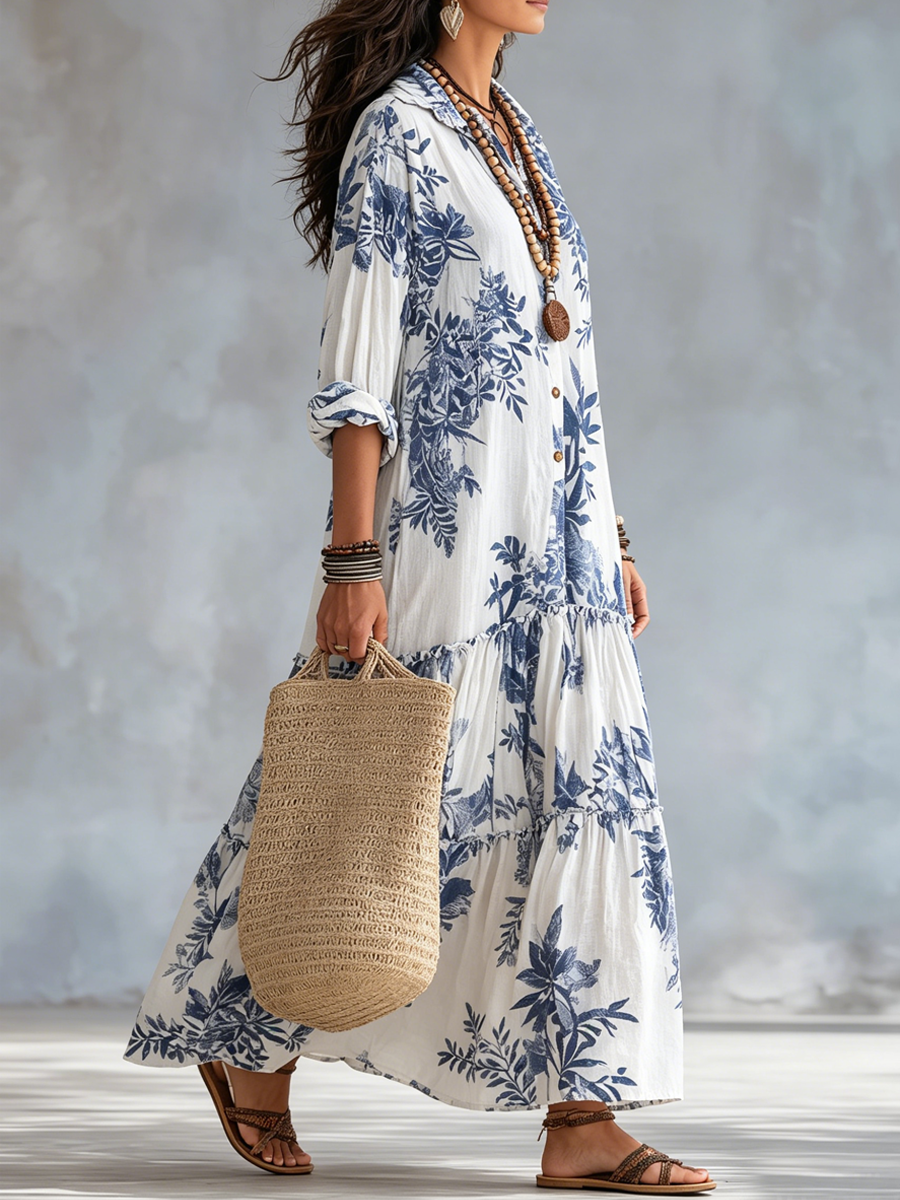 Adriana | Abito Lungo Bohémien a Fiori Azzurri