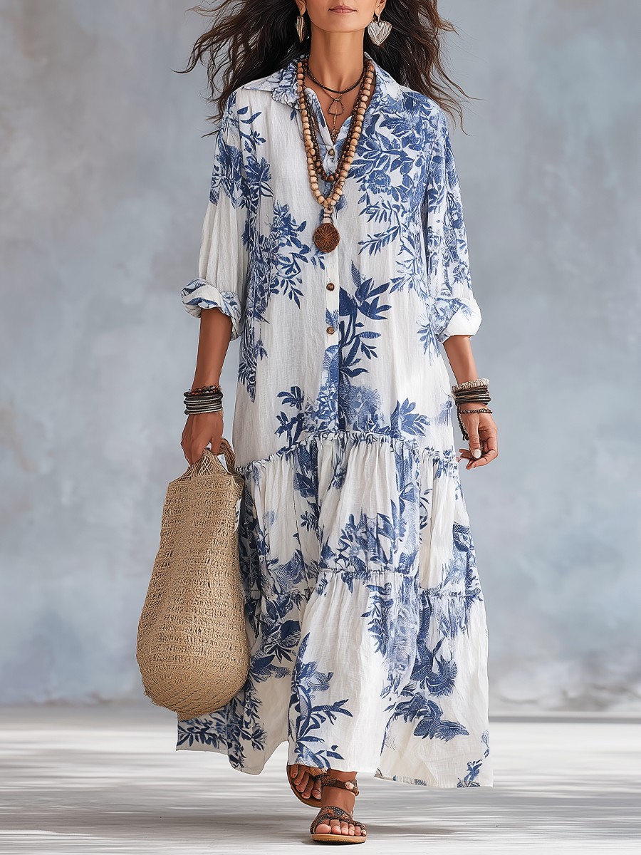 Adriana | Abito Lungo Bohémien a Fiori Azzurri