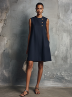 Federica | Mini Abito Blu Navy Senza Maniche con Collo Rotondo e Dettaglio Bottoni