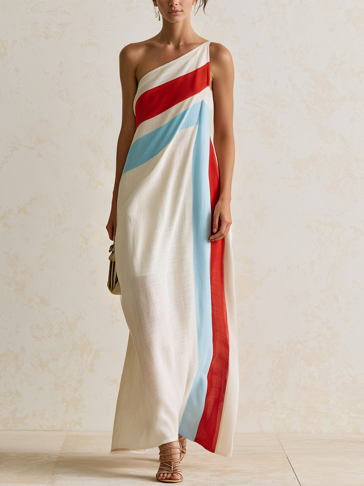 Carlotta | Abito maxi monospalla a strisce diagonali rosso, azzurro e bianco