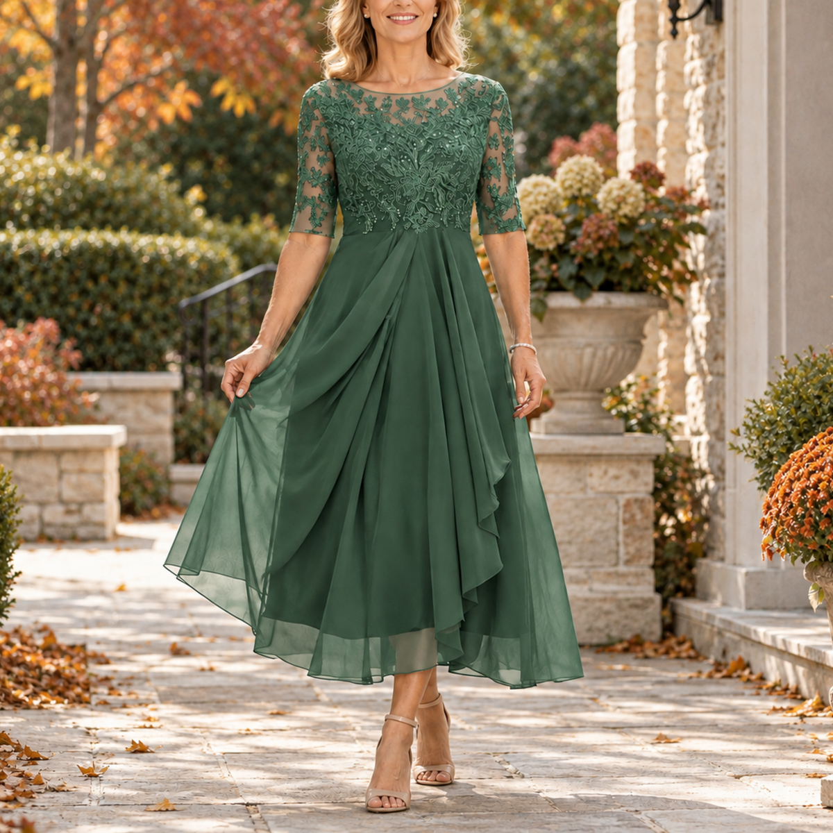 EVI | Abito midi con corsetto in pizzo e drappeggio