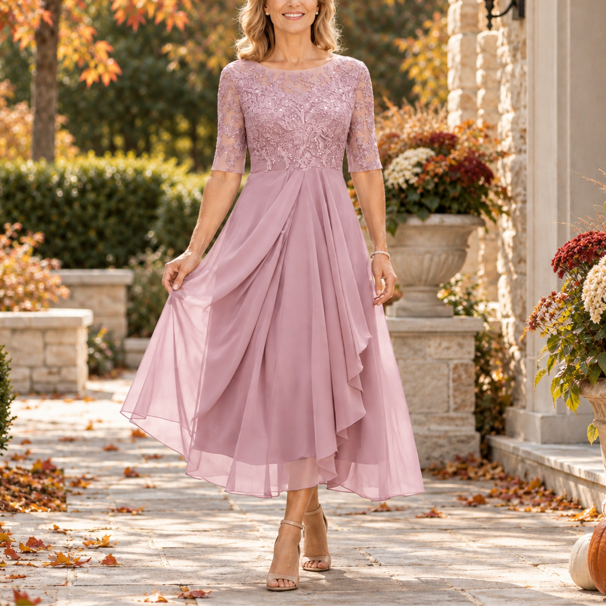 EVI | Abito midi con corsetto in pizzo e drappeggio