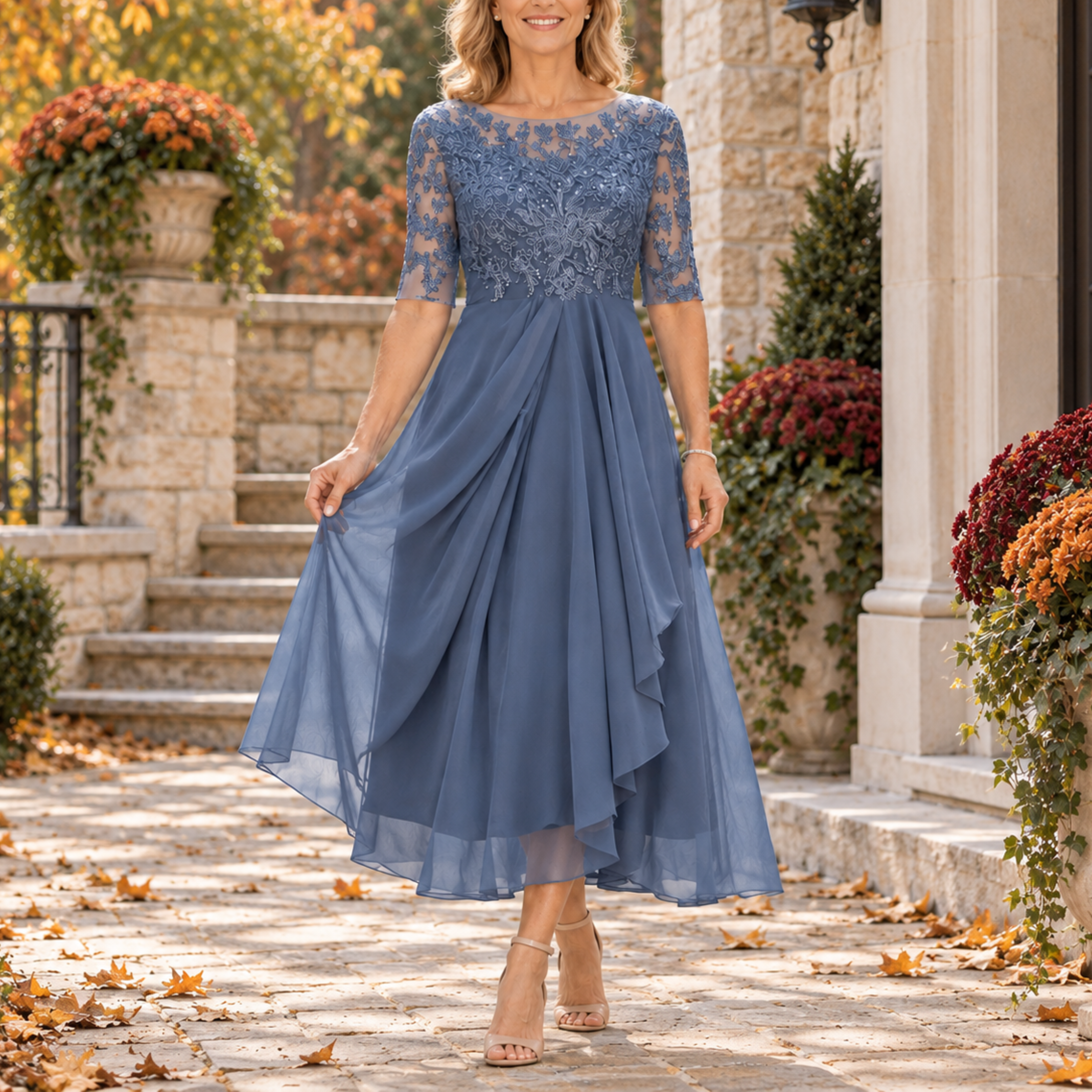 EVI | Abito midi con corsetto in pizzo e drappeggio