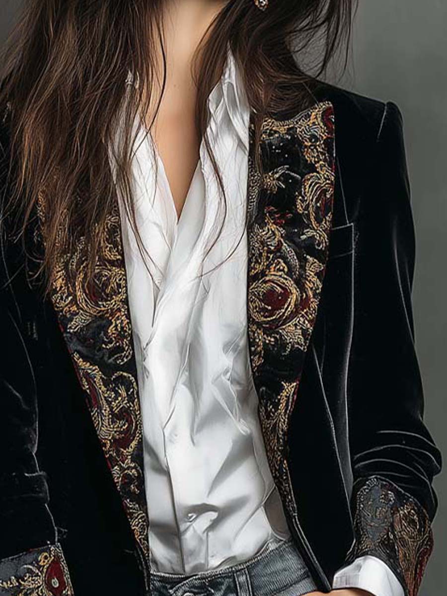 Léontine | Blazer Nero Barocco Slim Fit Stampato