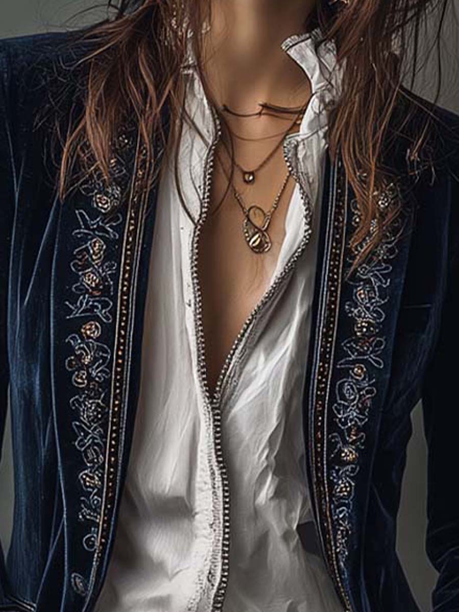 Athénaïs | Giacca Vintage Lunga Ricamata Blu Marino