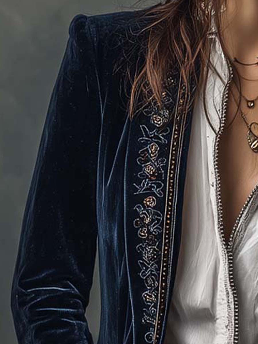 Athénaïs | Giacca Vintage Lunga Ricamata Blu Marino