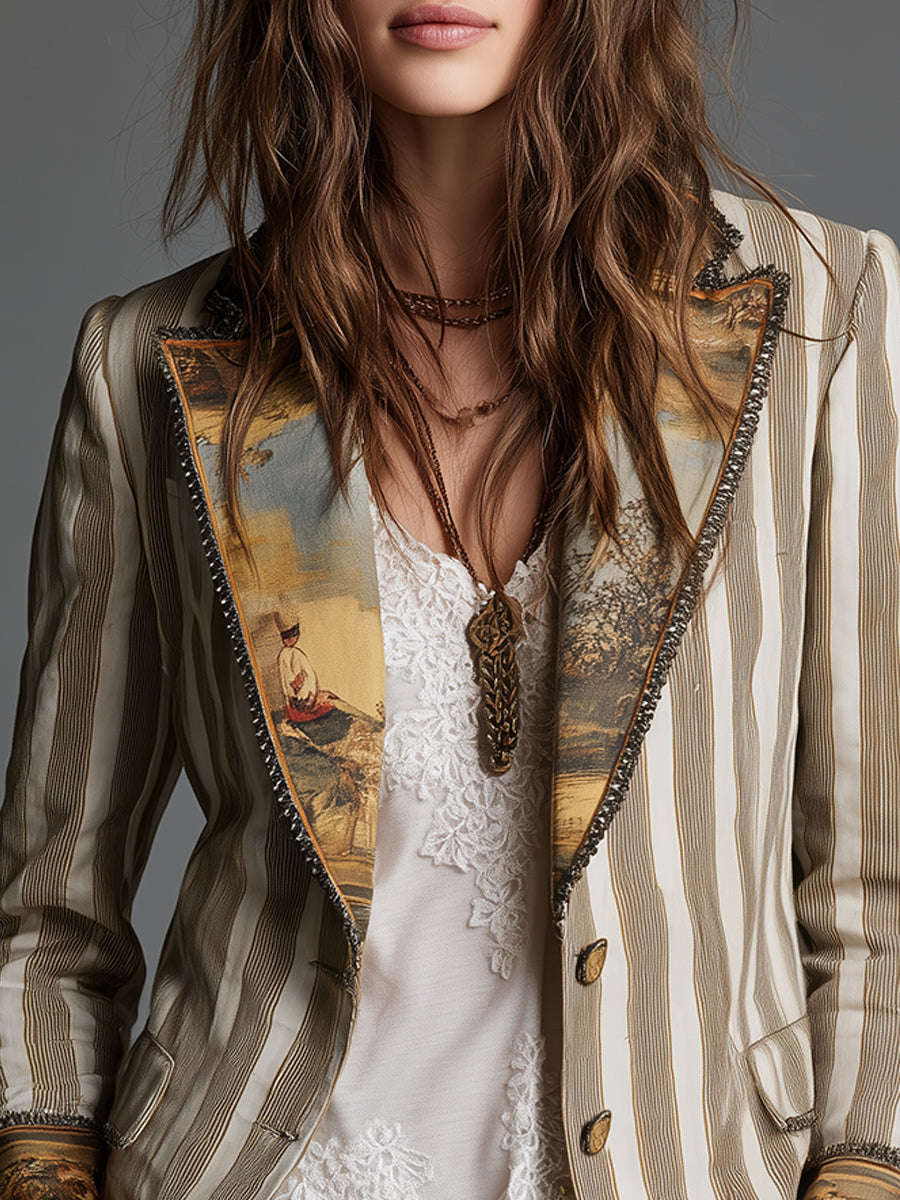 Suzanne | Blazer Bohemien a Righe con Collo Stampato
