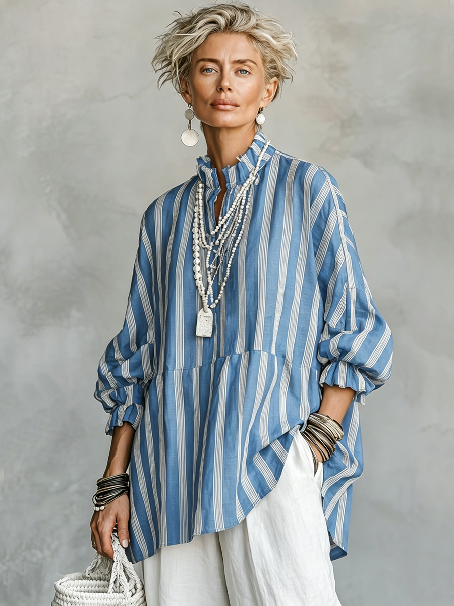 Luisa | Blusa a Righe Collo Coreano