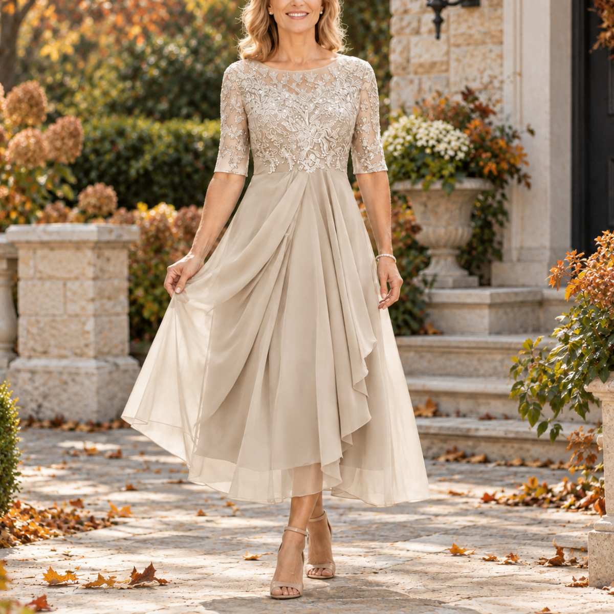 EVI | Abito midi con corsetto in pizzo e drappeggio