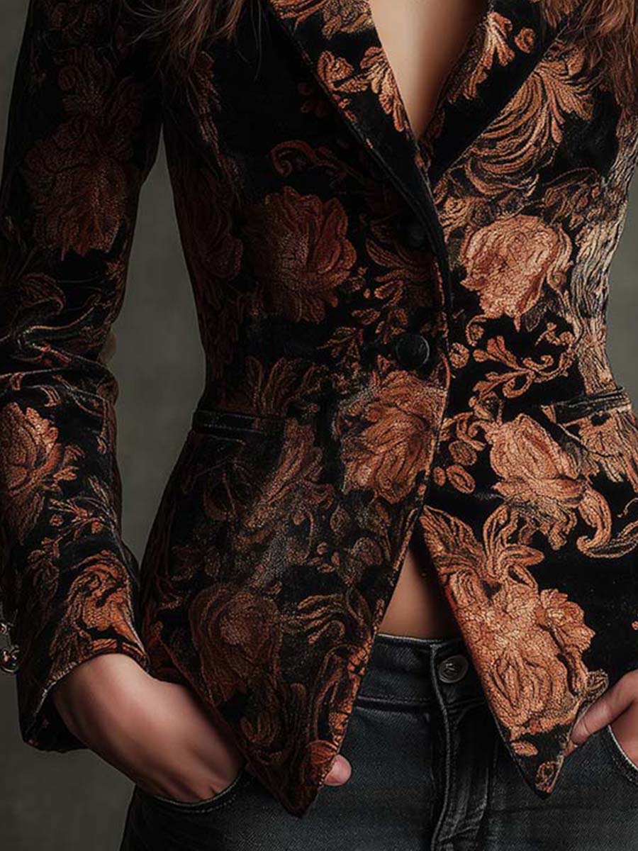 Bertille | Blazer Tailleur con Stampa Floreale in Nero e Bronzo