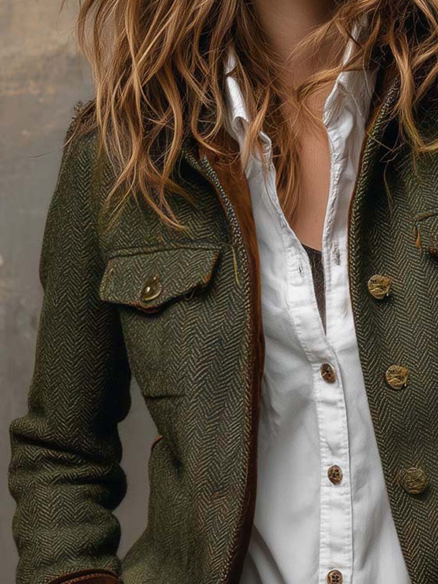 Honorine | Blazer Vintage con Bordature a Chevron a Contrasto