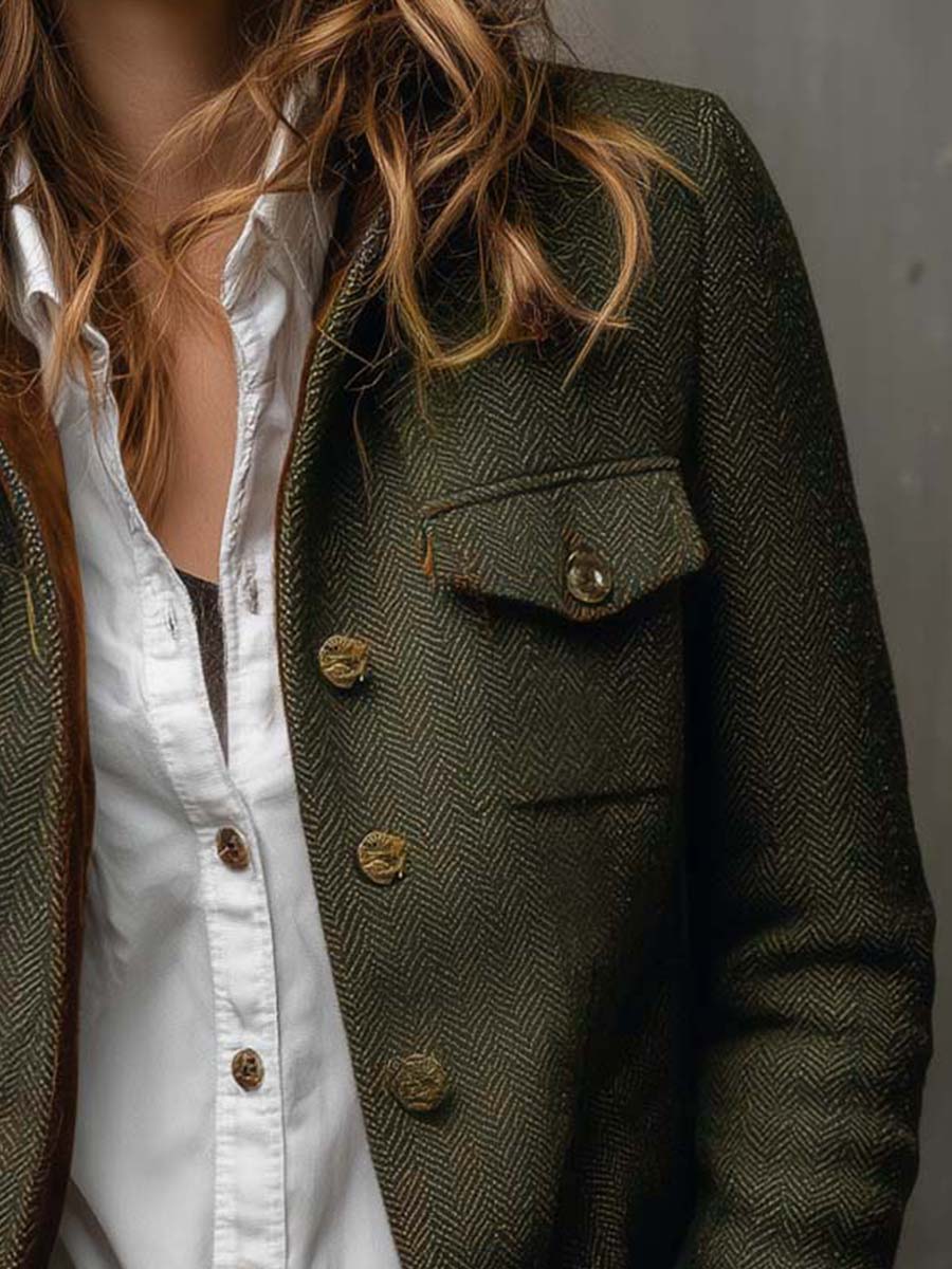 Honorine | Blazer Vintage a Chevron con Bordo a Contrasto