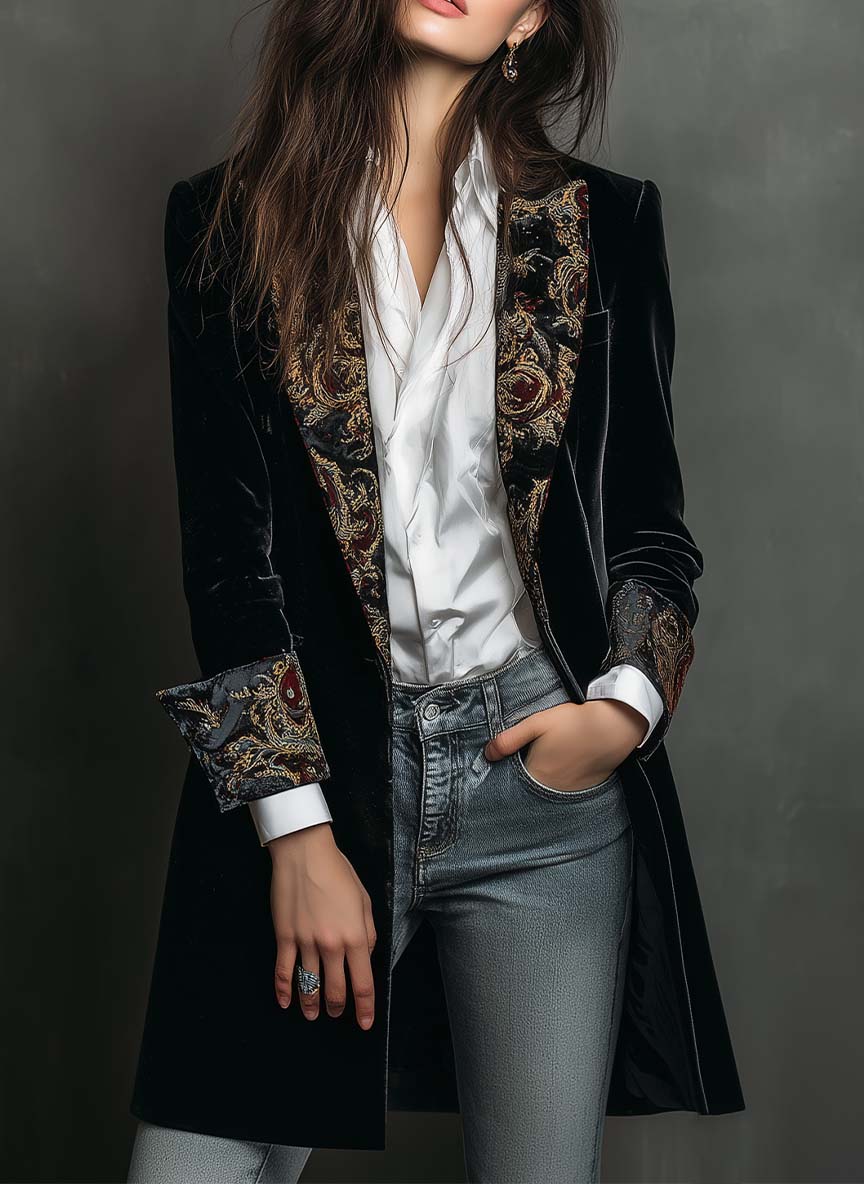 Léontine | Blazer Nero Barocco Slim Fit Stampato