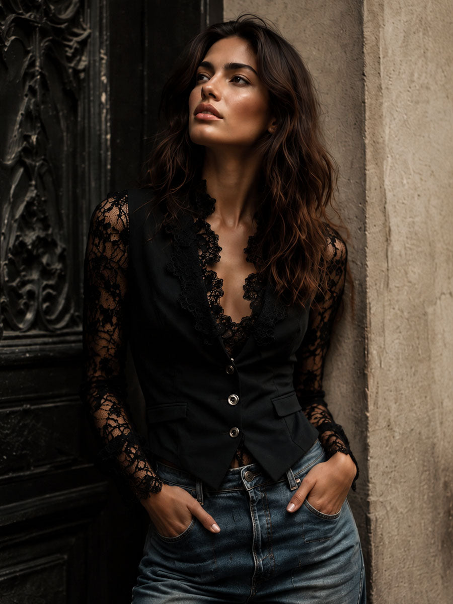 Noémie | Giacca Blazer Nera con Maniche Semi-Trasparenti
