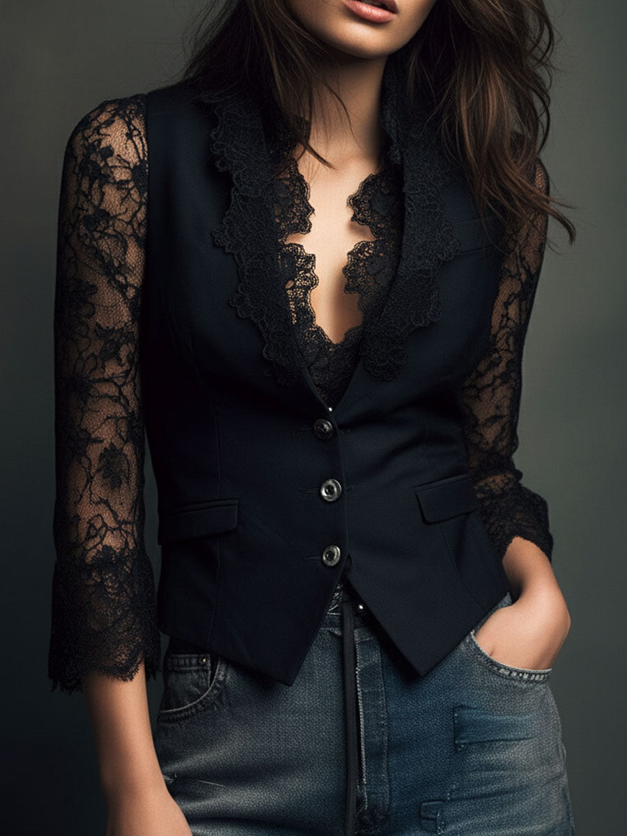 Noémie | Blazer Nero Alto con Maniche Semi-Trasparenti