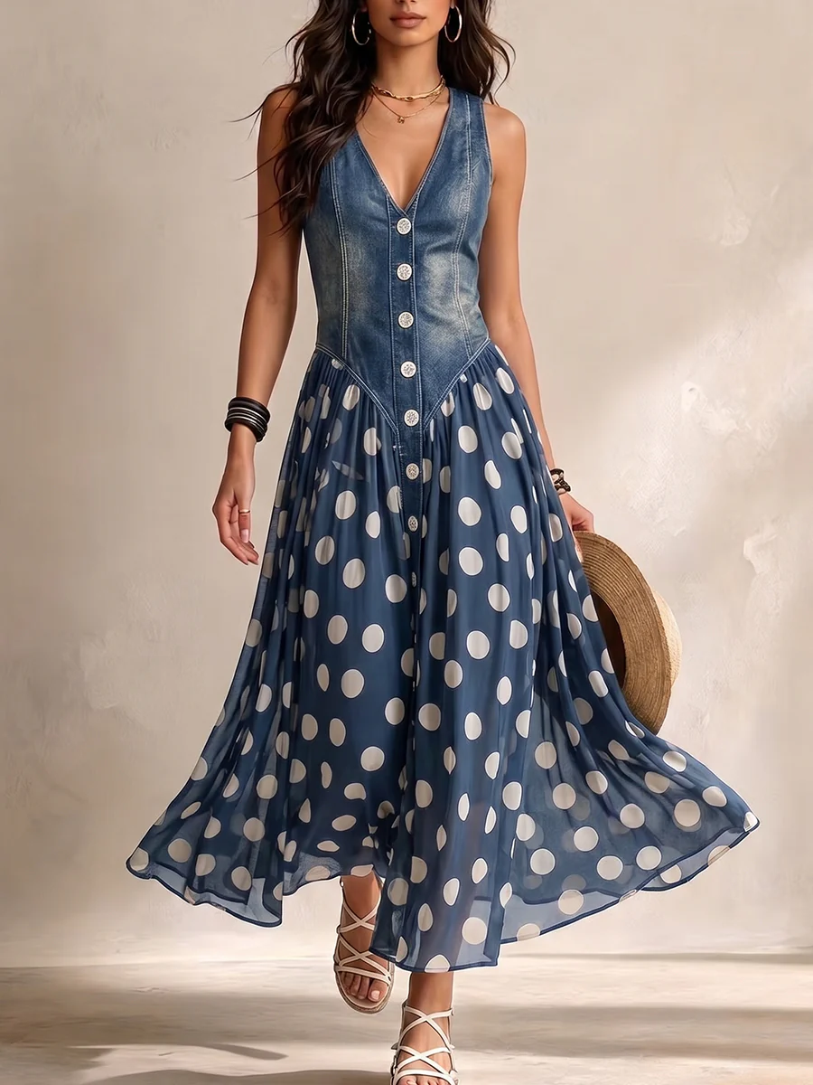Marisa | Abito Lungo Denim a Pois