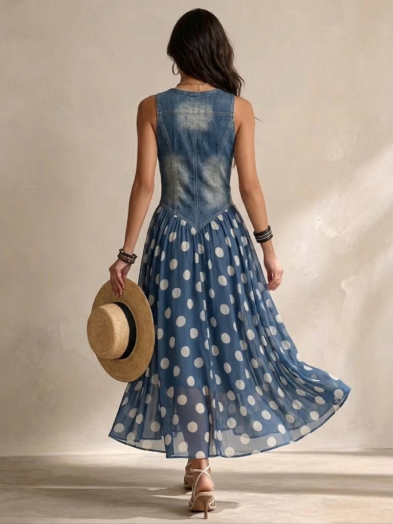 Marisa | Abito Lungo Denim a Pois