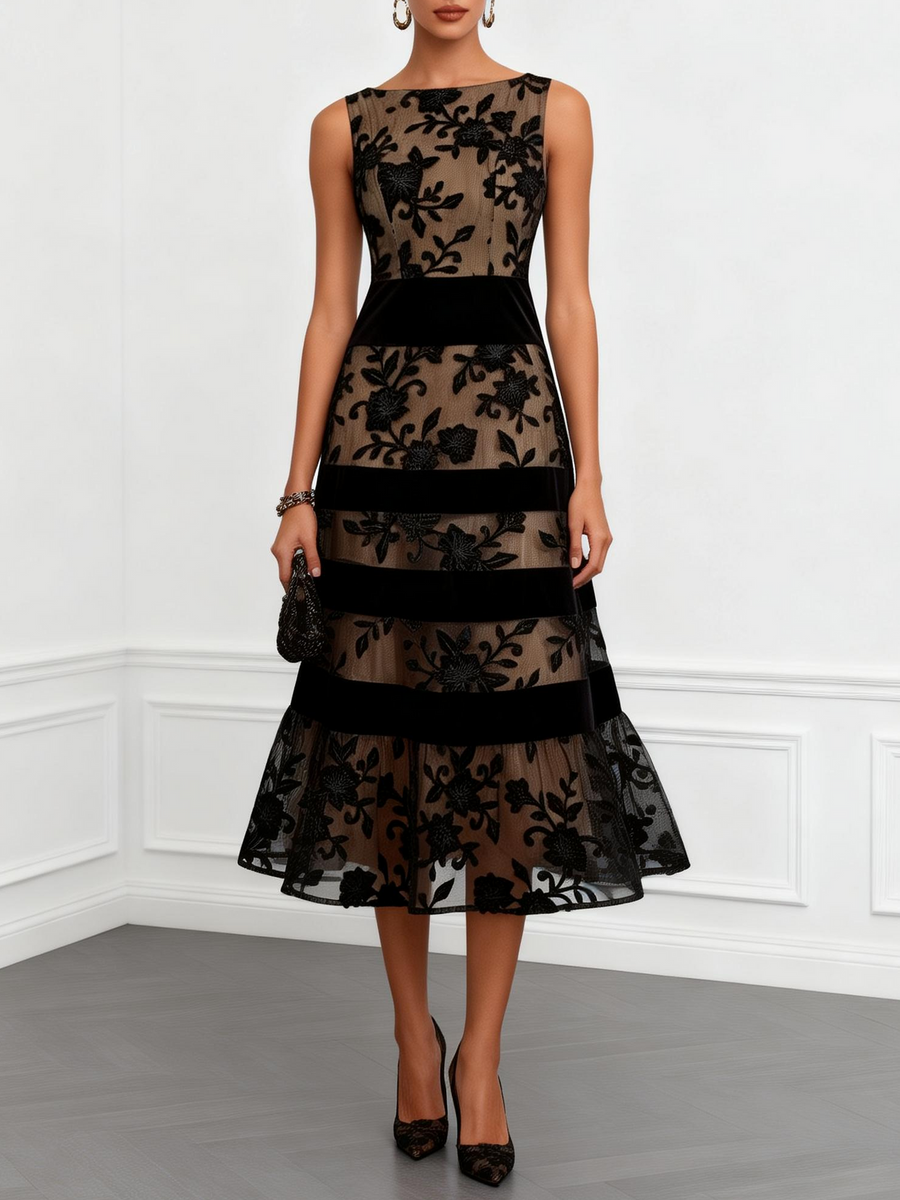 Rosanna | Abito Midi a Trapezio in Mesh Floreale Nero, Senza Maniche