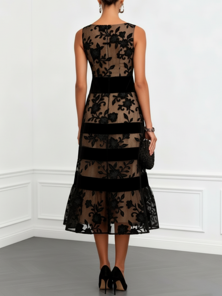 Rosanna | Abito Midi a Trapezio in Mesh Floreale Nero, Senza Maniche