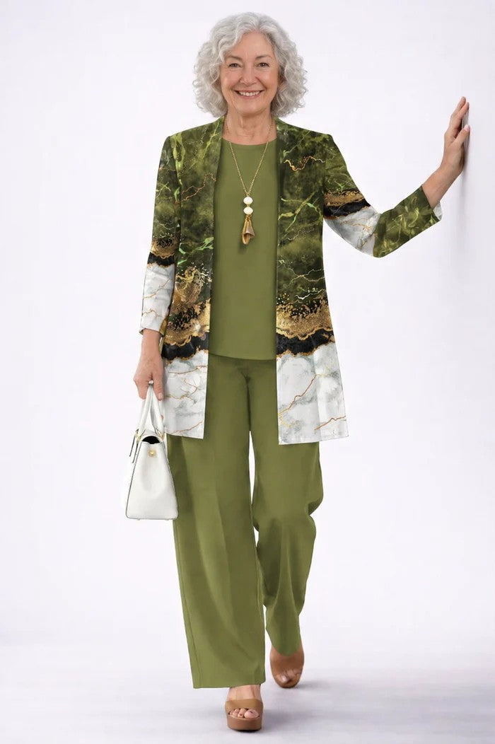 Costanza | Completo tre pezzi verde con cardigan lungo e pantaloni a fantasia