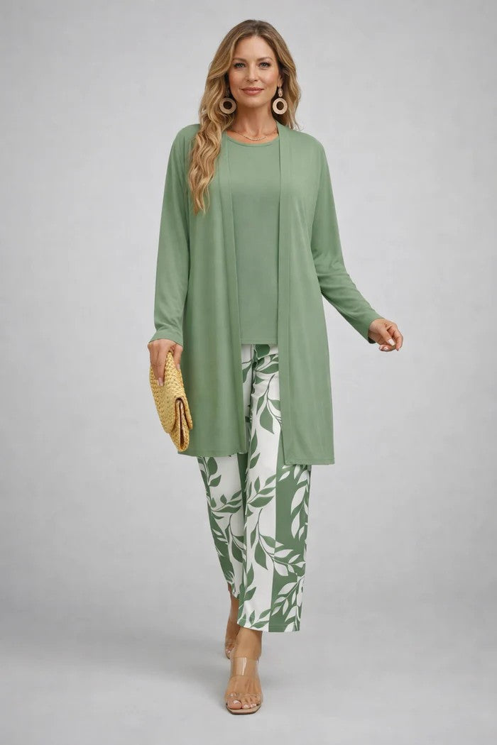 Costanza | Completo tre pezzi verde con cardigan lungo e pantaloni a fantasia