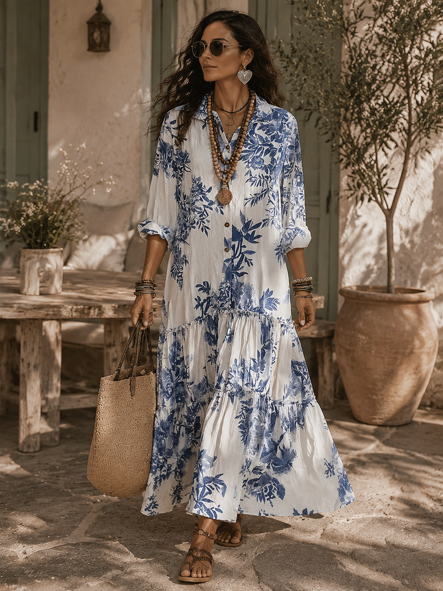 Adriana | Abito Lungo Bohémien a Fiori Azzurri
