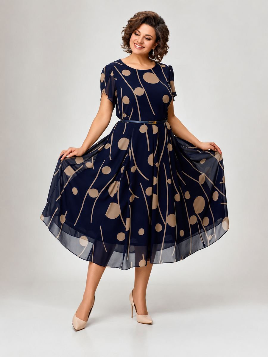 Ilara | Abito Midi in Chiffon a Pois Blu Navy