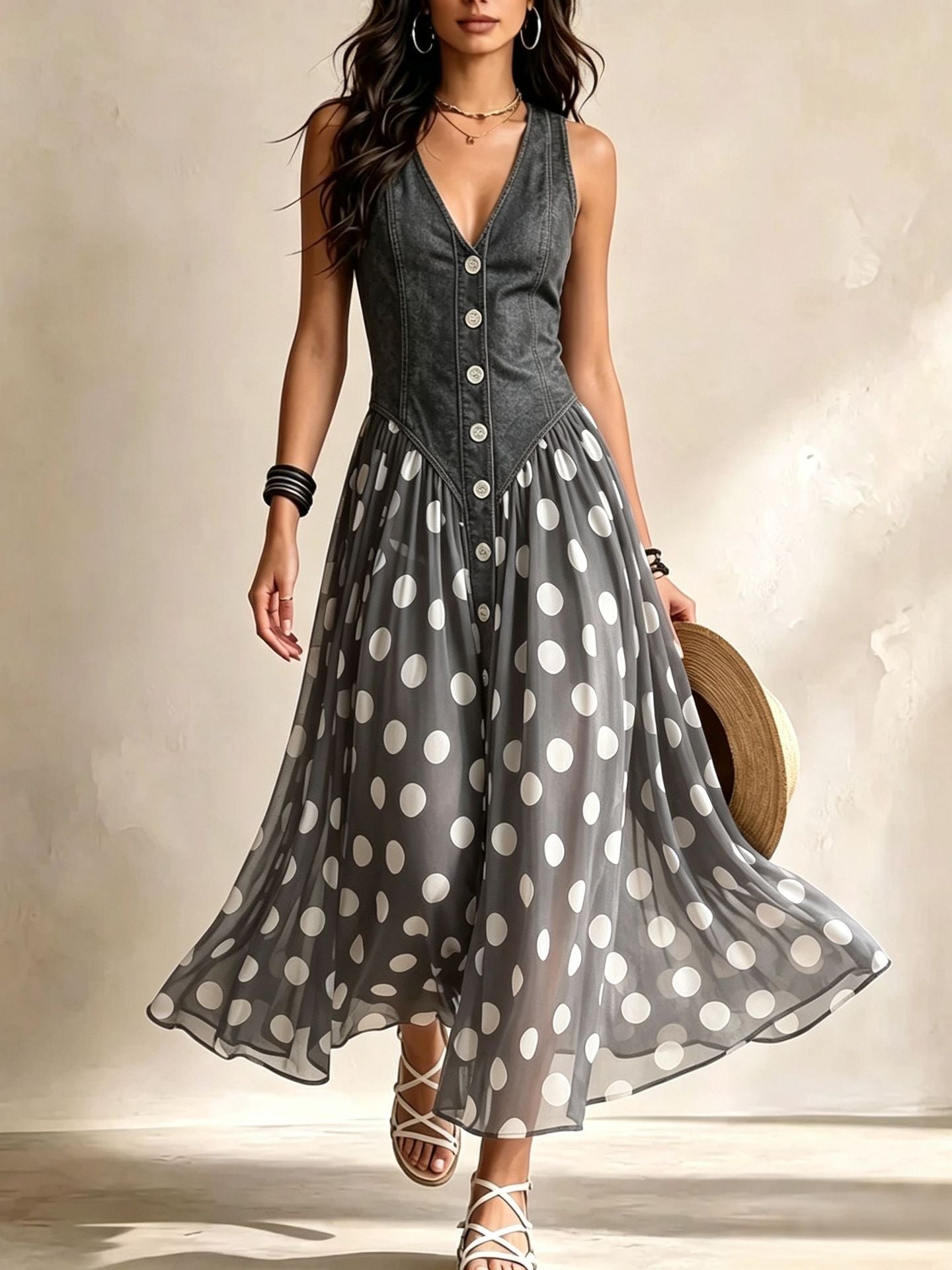 Marisa | Abito Lungo Denim a Pois