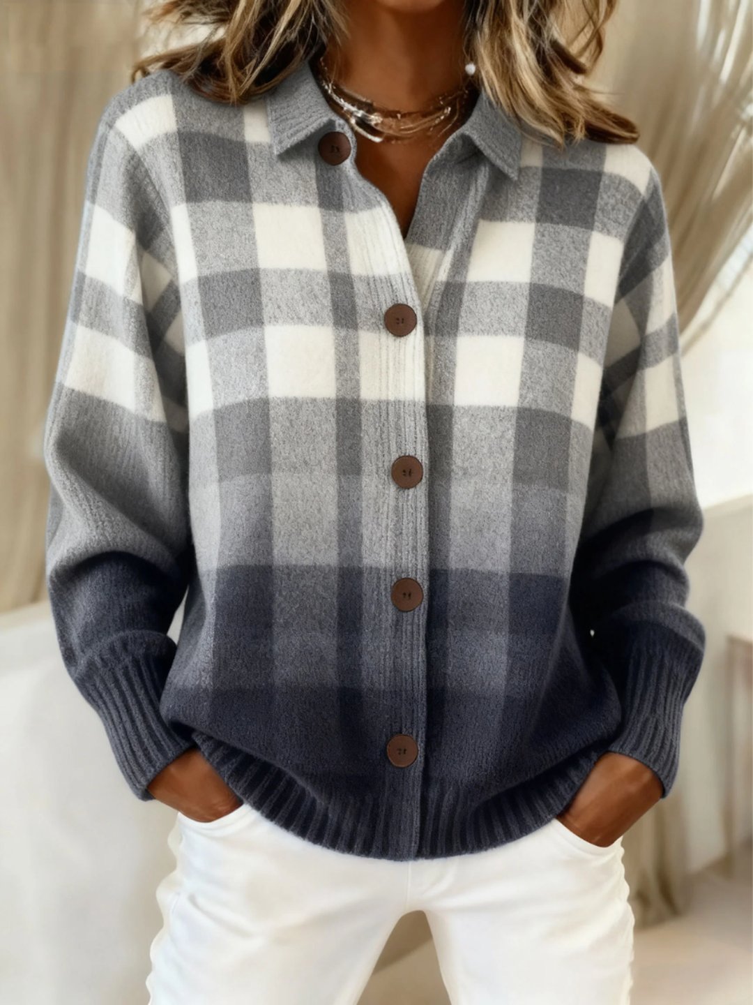 Sue | Cardigan a Bottoni a Quadri Ombre Grigio