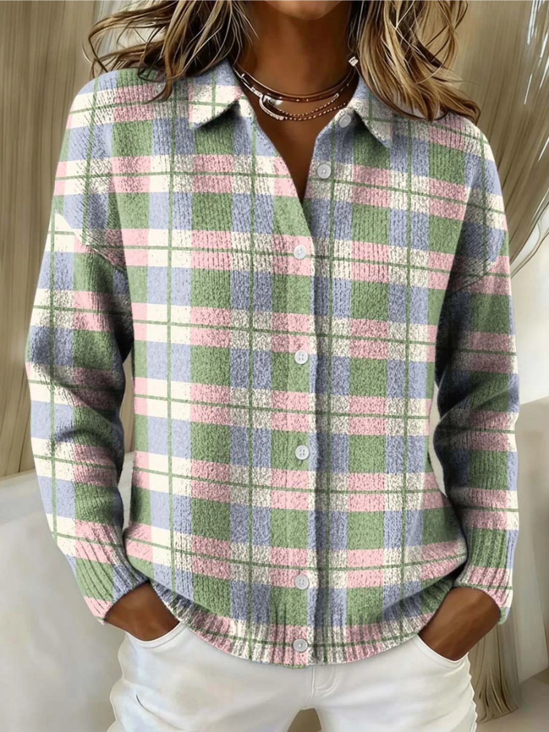 Chastity | Cardigan Button a Quadri Pastello