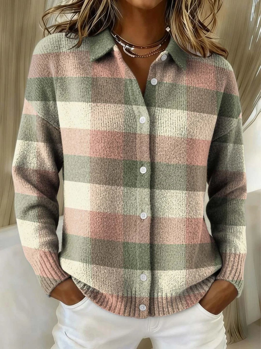 Deann | Cardigan a Maglia a Quadri Pastello