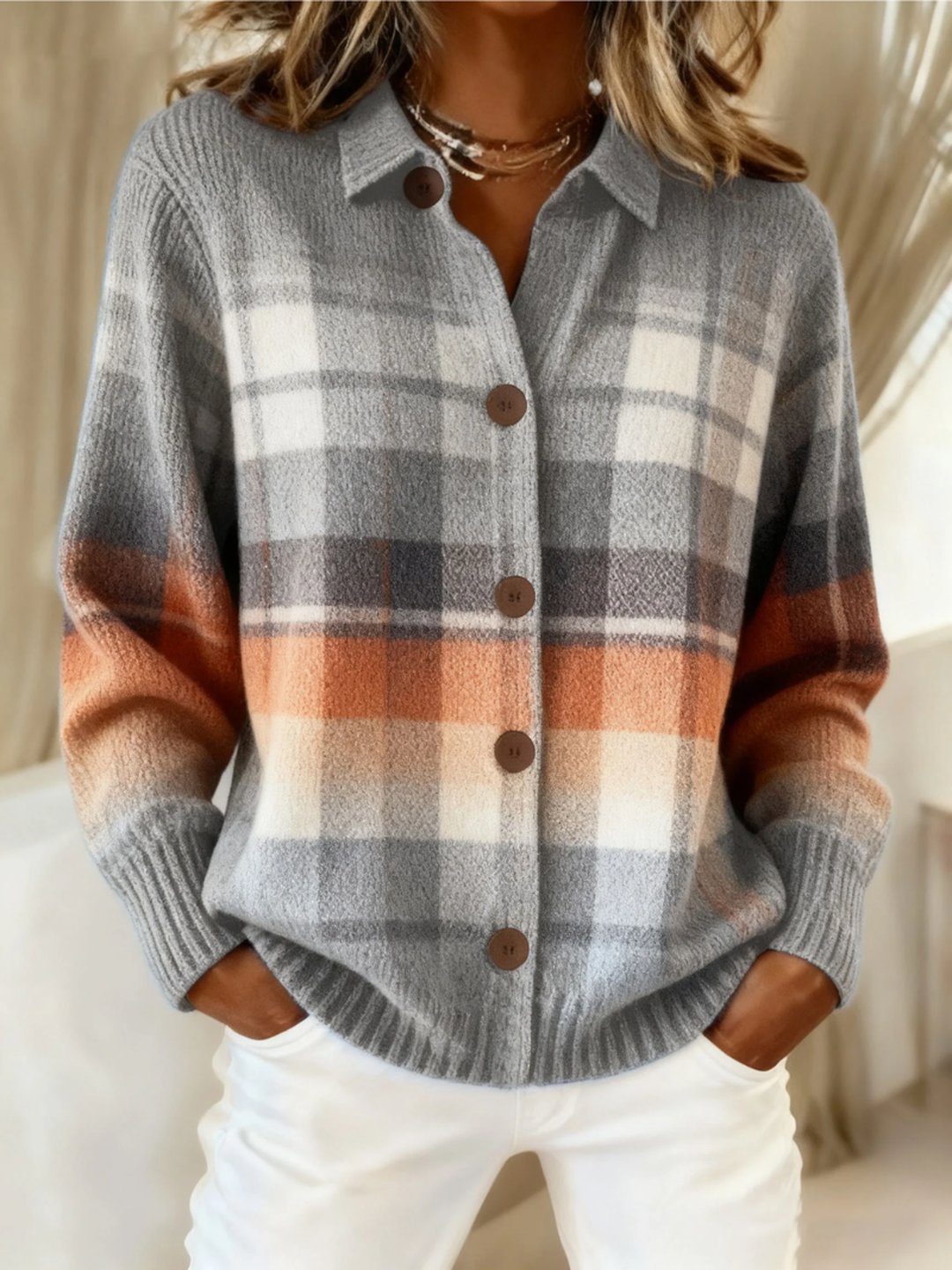Gregoria | Cardigan a quadri ombre caldo