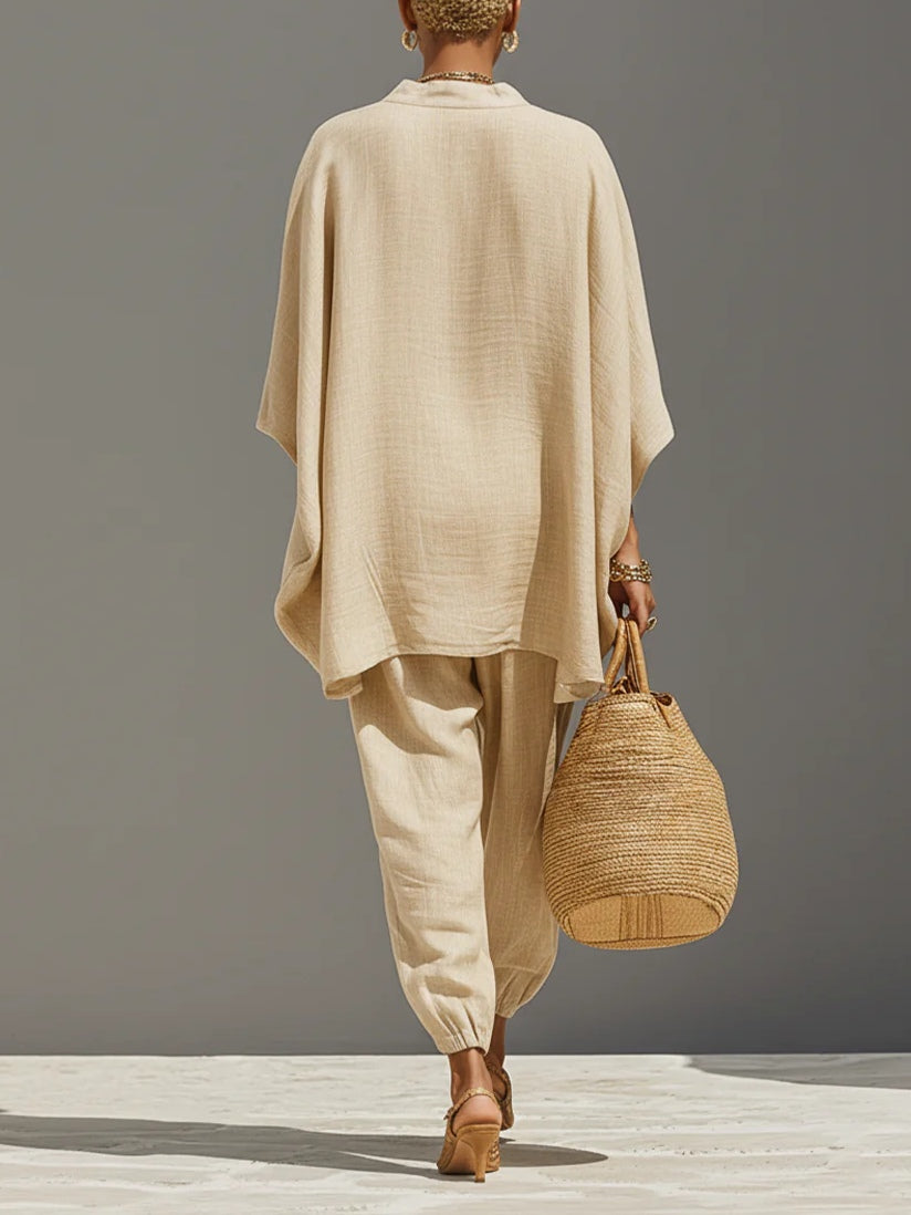 Palmira | Completo due pezzi color sabbia con top asimmetrico e pantaloni fluidi
