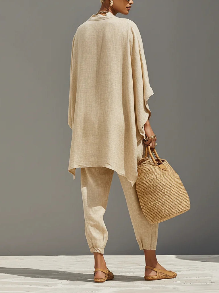 Palmira | Completo due pezzi color sabbia con top asimmetrico e pantaloni fluidi