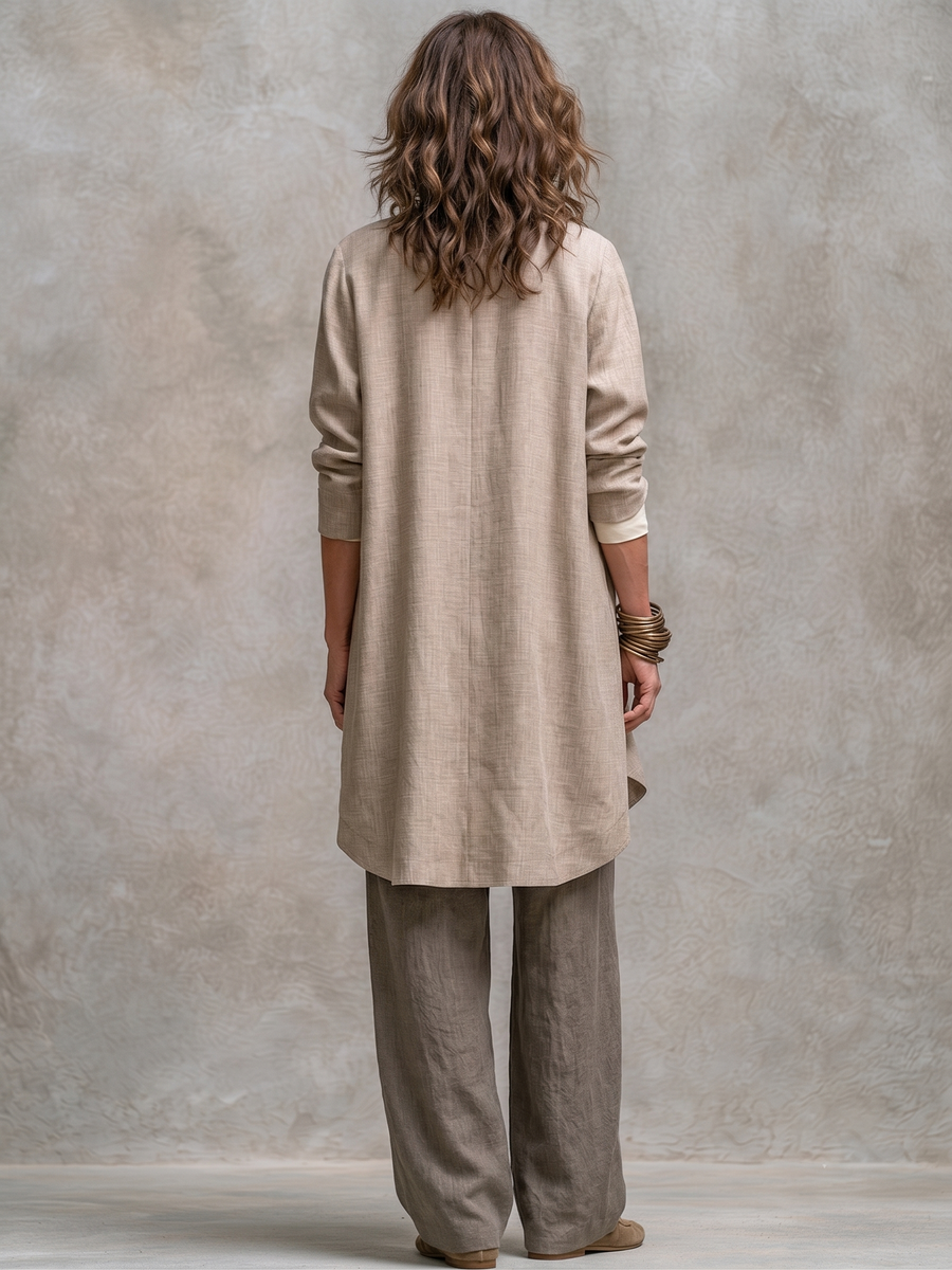 Donatella | Completo tre pezzi beige-grigio con cardigan lungo e pantaloni ampi