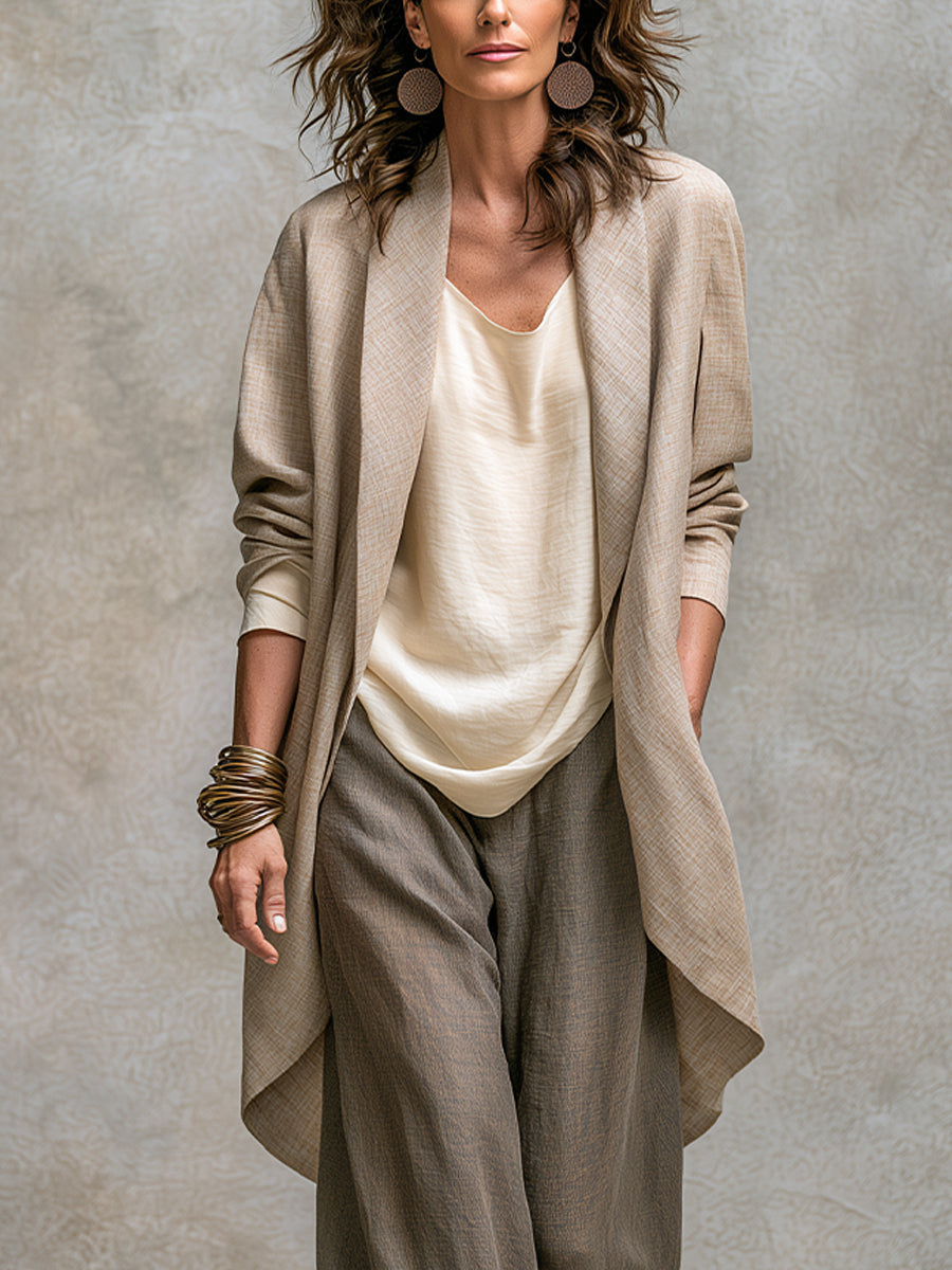 Donatella | Completo tre pezzi beige-grigio con cardigan lungo e pantaloni ampi