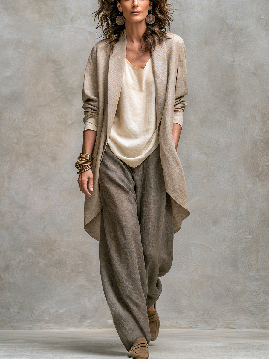 Donatella | Completo tre pezzi beige-grigio con cardigan lungo e pantaloni ampi
