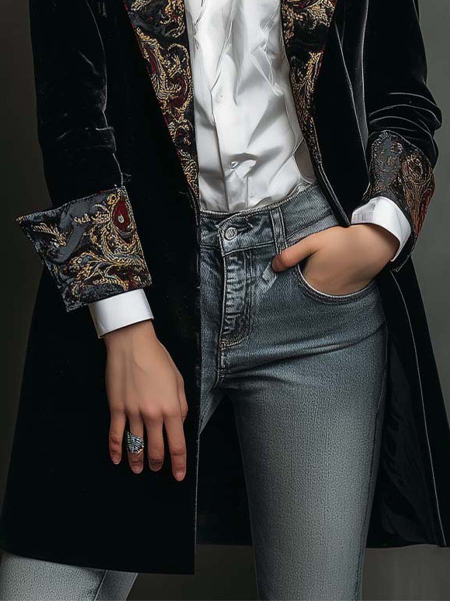 Léontine | Blazer Nero Barocco Slim Fit Stampato