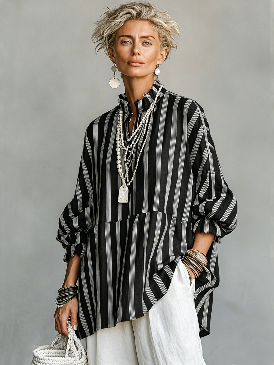 Luisa | Blusa a Righe Collo Coreano