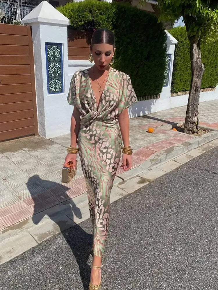 Higinia™ | Abito Midi Stampato in Toni Rame